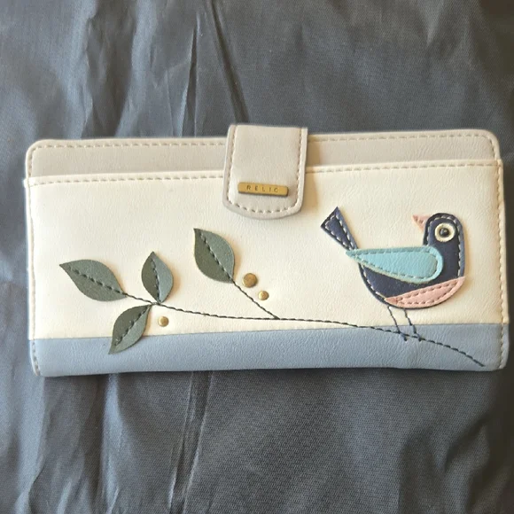 Relic Cream and Light Blue Bird Applique Clutch Wallet - Picture 1 of 3